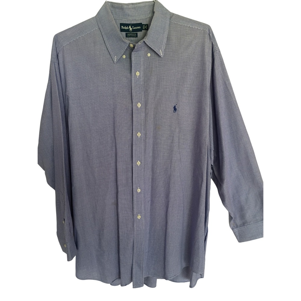 Ralph Lauren Yarmouth Mens 18 34/35 Blue White Houndstooth Cotton Dress Shirt